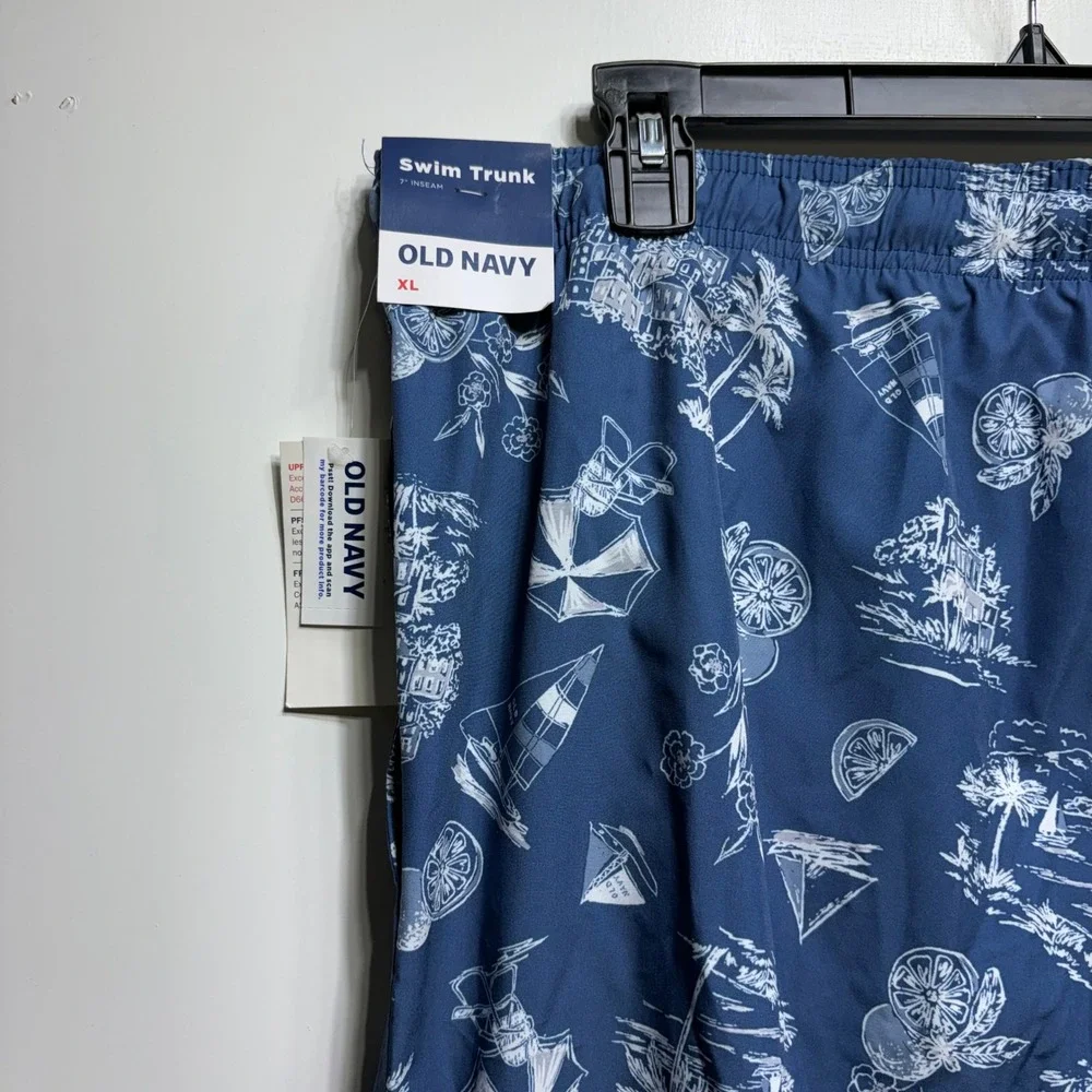 Old Navy‎ Mens XL Swim Trunks Navy Blue Nautical Sailboat Tropical 7 Inch Inseam